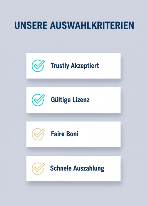 Auswahlkriterien für Trustly-Casinos: Trustly akzeptiert, gültige Lizenz, faire Boni und schnelle Auszahlung.